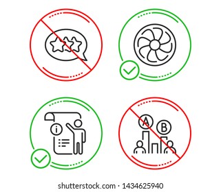 Do or Stop. Manual doc, Stars and Fan engine icons simple set. Ab testing sign. Project info, Customer feedback, Ventilator. Test chart. Technology set. Line manual doc do icon. Prohibited ban stop