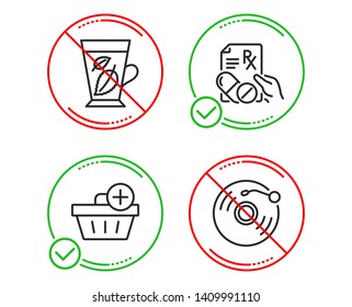 Do or Stop. Mint leaves, Add purchase and Prescription drugs icons simple set. Vinyl record sign. Mentha leaf, Shopping order, Pills. Retro music. Line mint leaves do icon. Prohibited ban stop