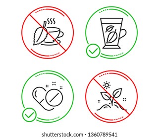 Do or Stop. Mint tea, Mint leaves and Medical pills icons simple set. Grow plant sign. Mentha beverage, Mentha leaf, Drugs. Leaves. Healthcare set. Line mint tea do icon. Prohibited ban stop. Vector