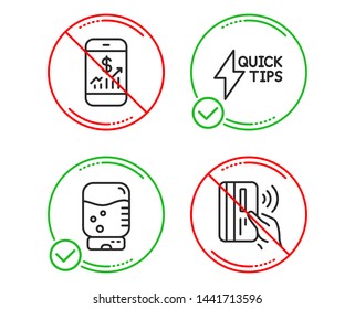 Do or Stop. Mobile finance, Water cooler and Quickstart guide icons simple set. Contactless payment sign. Phone accounting, Office drink, Lightning symbol. Bank money. Technology set. Vector