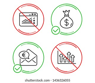 Do or Stop. Money bag, Web traffic and Euro money icons simple set. Upper arrows sign. Usd currency, Website window, Receive cash. Growth infochart. Finance set. Line money bag do icon. Vector