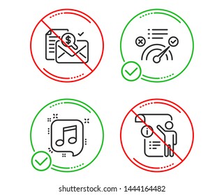 Do or Stop. Musical note, Accounting report and Correct answer icons simple set. Manual doc sign. Speech bubble, Check finance, Approved. Project info. Education set. Line musical note do icon