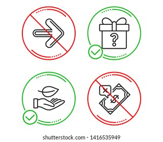 Do or Stop. Next, Secret gift and Leaf icons simple set. Rejected payment sign. Forward, Unknown package, Plant care. Bank transfer. Business set. Line next do icon. Prohibited ban stop. Good or bad