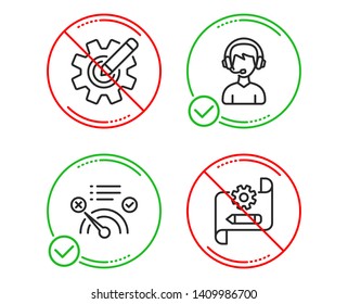 Do or Stop. No internet, Consultant and Cogwheel icons simple set. Cogwheel blueprint sign. Bandwidth meter, Call center, Edit settings. Technology set. Line no internet do icon. Prohibited ban stop