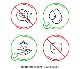 Do or Stop. Oil drop, Skin condition and Sun protection icons simple set. Uv protection sign. Serum, Search magnifier, Ultraviolet care. Ultraviolet. Beauty set. Line oil drop do icon. Vector