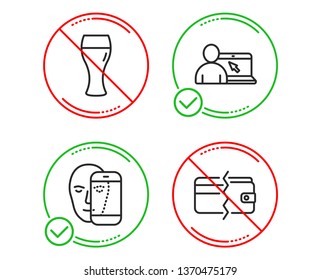 Do or Stop. Online education, Face biometrics and Beer glass icons simple set. Payment methods sign. Internet lectures, Facial recognition, Brewery beverage. Wallet cash. Business set. Vector