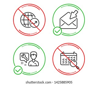 Do or Stop. Open mail, Repairman and World statistics icons simple set. Search calendar sign. View e-mail, Repair service, Global report. Find date. Business set. Line open mail do icon. Vector