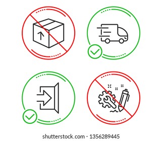 Do or Stop. Package, Exit and Truck delivery icons simple set. Engineering sign. Delivery pack, Escape, Express service. Construction. Industrial set. Line package do icon. Prohibited ban stop