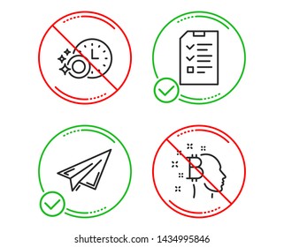 Do or Stop. Paper plane, Dishwasher timer and Interview icons simple set. Bitcoin think sign. Airplane, Cleaning dishes, Checklist file. Cryptocurrency head. Technology set. Line paper plane do icon