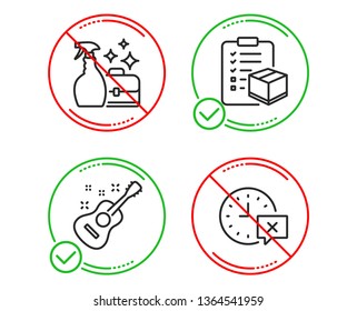 Do or Stop. Parcel checklist, Cleanser spray and Guitar icons simple set. Time sign. Logistics check, Washing liquid, Acoustic instrument. Remove alarm. Business set. Line parcel checklist do icon