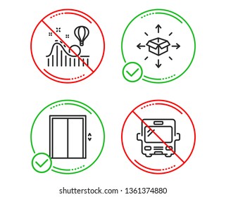 Do or Stop. Parcel delivery, Roller coaster and Lift icons simple set. Bus sign. Logistics service, Attraction park, Elevator. Tourism transport. Transportation set. Line parcel delivery do icon