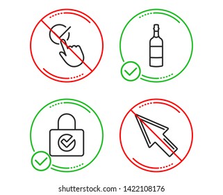 Do or Stop. Password encryption, Checkbox and Brandy bottle icons simple set. Mouse cursor sign. Protection locker, Approved, Whiskey. Click arrow. Business set. Line password encryption do icon