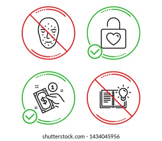 Do or Stop. Payment method, Face biometrics and Wedding locker icons simple set. Product knowledge sign. Give money, Facial recognition, Valentines day. Education process. Line payment method do icon