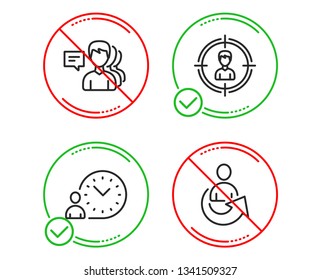 Do or Stop. People, Headhunting and Time management icons simple set. Share sign. Support job, Person in target, Work time. Referral person. People set. Line people do icon. Prohibited ban stop