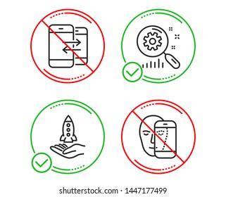 Do or Stop. Phone communication, Crowdfunding and Search statistics icons simple set. Face biometrics sign. Incoming and outgoing calls, Start business, Analysis. Facial recognition. Technology set