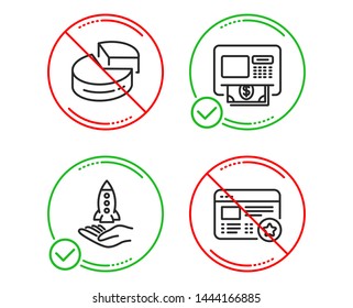 Do or Stop. Pie chart, Crowdfunding and Atm icons simple set. Favorite sign. 3d graph, Start business, Money withdraw. Star feedback. Business set. Line pie chart do icon. Prohibited ban stop. Vector