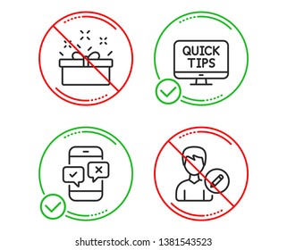 Do or Stop. Present box, Web tutorials and Phone survey icons simple set. Edit person sign. Sale offer, Quick tips, Mobile quiz test. Change user info. Line present box do icon. Prohibited ban stop