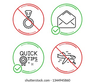 Do or Stop. Quick tips, Mail and Medal icons simple set. Search flight sign. Helpful tricks, E-mail, Winner. Find travel. Business set. Line quick tips do icon. Prohibited ban stop. Good or bad