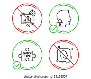 Do or Stop. Quick tips, Statistics timer and Unlock system icons simple set. Head sign. Tutorials, Growth chart, Access granted. Profile messages. Science set. Line quick tips do icon. Vector