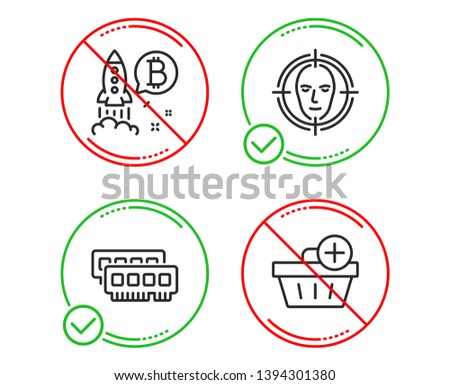 Do or Stop. Ram, Face detect and Bitcoin project icons simple set. Add purchase sign. Random-access memory, Select target, Cryptocurrency startup. Shopping order. Business set. Line ram do icon