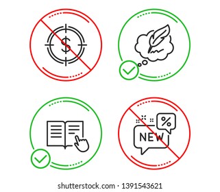 Do or Stop. Read instruction, Dollar target and Copyright chat icons simple set. New sign. Opened book, Aim with usd, Speech bubble. Discount. Line read instruction do icon. Prohibited ban stop