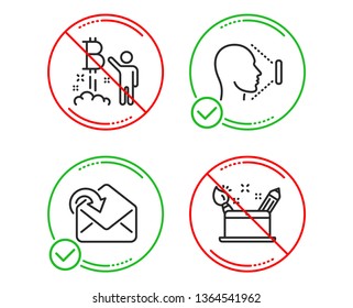 Do or Stop. Receive mail, Bitcoin project and Face id icons simple set. Creativity concept sign. Incoming message, Cryptocurrency startup, Identification system. Graphic art. Business set. Vector