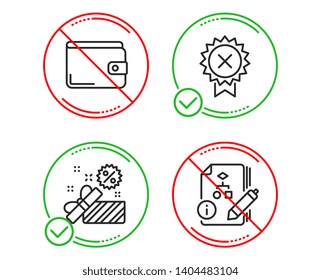 Do or Stop. Reject medal, Sale and Money wallet icons simple set. Algorithm sign. Award rejection, Gift box, Payment method. Project. Business set. Line reject medal do icon. Prohibited ban stop