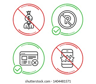 Do or Stop. Reject web, Manager and No parking icons simple set. Star sign. No internet, Work profit, Car park. Phone feedback. Business set. Line reject web do icon. Prohibited ban stop. Good or bad