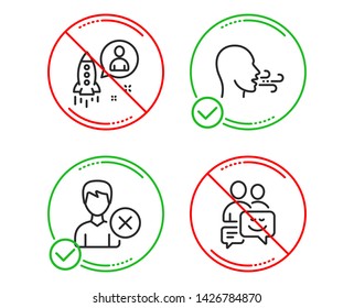 Do or Stop. Remove account, Startup and Breathing exercise icons simple set. Communication sign. Delete user, Developer, Breath. Business messages. People set. Line remove account do icon. Vector