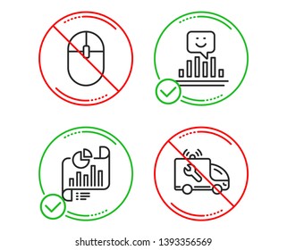 Do or Stop. Report document, Computer mouse and Smile icons simple set. Car service sign. Growth chart, Pc equipment, Positive feedback. Repair service. Technology set. Line report document do icon