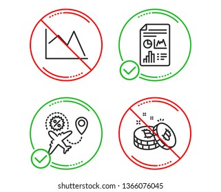 Do or Stop. Report document, Flight sale and Line chart icons simple set. Bitcoin sign. Growth chart, Travel discount, Financial graph. Cryptocurrency coin. Finance set. Line report document do icon