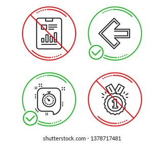 Do or Stop. Report document, Left arrow and Timer icons simple set. Approved sign. Page with charts, Direction arrow, Time management. Winner badge. Business set. Line report document do icon. Vector