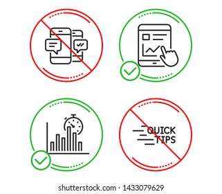Do or Stop. Report timer, Smartphone sms and Internet report icons simple set. Education sign. Growth chart, Mobile messages, Web tutorial. Quick tips. Education set. Line report timer do icon