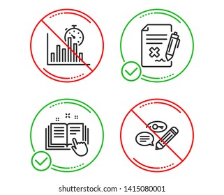 Do or Stop. Report timer, Technical documentation and Reject file icons simple set. Keywords sign. Growth chart, Manual, Decline agreement. Pencil with key. Business set. Line report timer do icon
