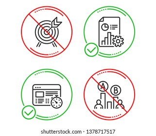 Do or Stop. Report, Web timer and Archery icons simple set. Ab testing sign. Presentation document, Online test, Attraction park. Test chart. Business set. Line report do icon. Prohibited ban stop