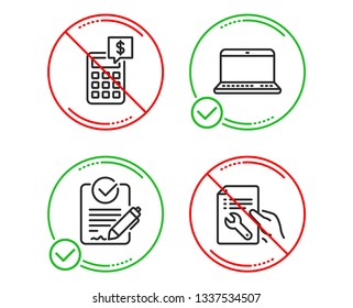 Do Or Stop. Rfp, Notebook And Calculator Icons Simple Set. Repair Document Sign. Request For Proposal, Laptop Computer, Money Management. Spanner Tool. Business Set. Line Rfp Do Icon. Vector