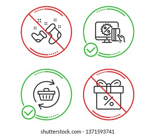 Do or Stop. Santa boots, Refresh cart and Online shopping icons simple set. Discount offer sign. New year, Online shopping, Black friday. Gift box. Holidays set. Line santa boots do icon. Vector