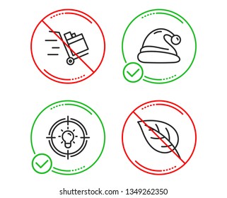 Do or Stop. Santa hat, Push cart and Idea icons simple set. Leaf sign. Christmas, Express delivery, Solution. Environmental. Line santa hat do icon. Prohibited ban stop. Good or bad. Vector