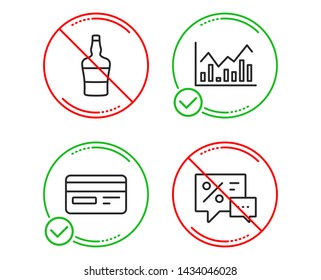 Do or Stop. Scotch bottle, Credit card and Infochart icons simple set. Discounts sign. Brandy alcohol, Card payment, Stock exchange. Best offer. Line scotch bottle do icon. Prohibited ban stop