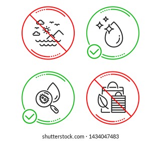 Do or Stop. Sea mountains, Water drop and Water analysis icons simple set. Bio shopping sign. Summer travel, Crystal aqua, Aqua bacteria. Leaf. Nature set. Line sea mountains do icon. Vector