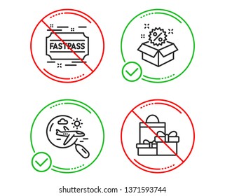 Do or Stop. Search flight, Fastpass and Sale icons simple set. Shopping sign. Airplane trip, Entrance ticket, Discount. Holiday packages. Holidays set. Line search flight do icon. Prohibited ban stop