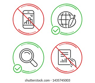 Do or Stop. Search, Graph phone and Environment day icons simple set. Document sign. Magnifying glass, Mobile statistics, Safe world. File with diagram. Education set. Line search do icon. Vector