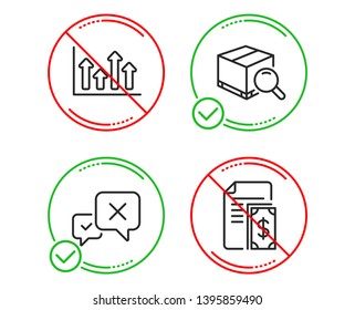 Do or Stop. Search package, Reject and Upper arrows icons simple set. Payment sign. Tracking service, Delete message, Growth infochart. Cash money. Line search package do icon. Prohibited ban stop