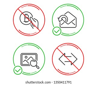 Do or Stop. Search photo, Bitcoin pay and Send mail icons simple set. Sync sign. Find image, Cryptocurrency coin, Sent message. Synchronize. Technology set. Line search photo do icon. Vector