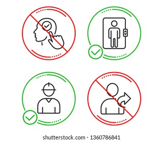 Do or Stop. Select user, Engineer and Elevator icons simple set. Refer friend sign. Head with checkbox, Worker profile, Office transportation. Share. People set. Line select user do icon. Vector
