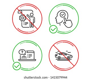 Do or Stop. Select user, Online help and Settings blueprint icons simple set. Car sign. Head with checkbox, Web support, Engineering cogwheel. Transport. Business set. Line select user do icon