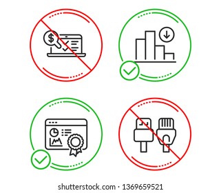 Do or Stop. Seo certificate, Online accounting and Decreasing graph icons simple set. Computer cables sign. Statistics, Web audit, Crisis chart. Rj45 internet. Technology set. Vector