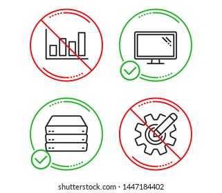 Do or Stop. Servers, Report diagram and Monitor icons simple set. Cogwheel sign. Big data, Financial market, Computer component. Edit settings. Science set. Line servers do icon. Prohibited ban stop