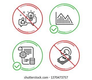 Do or Stop. Settings blueprint, Idea and Investment graph icons simple set. Cashback sign. Report document, Solution, Investment infochart. Financial transfer. Business set. Vector