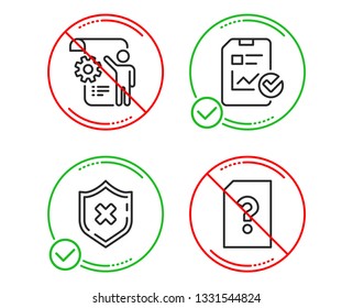 Do or Stop. Settings blueprint, Report checklist and Reject protection icons simple set. Unknown file sign. Engineering cogwheel, Sales growth file, No security. Doc with question mark. Technology set